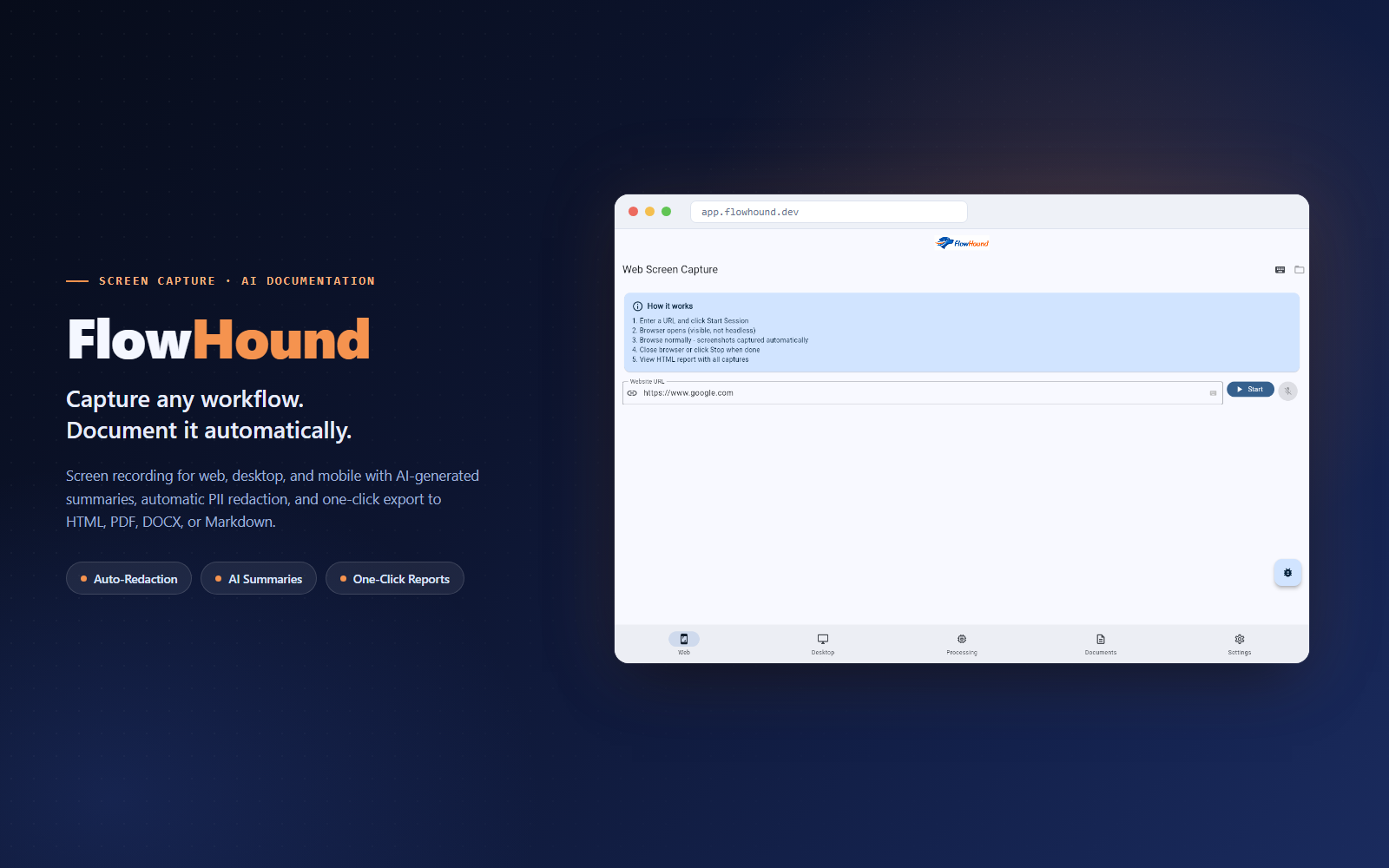 FlowHound screen capture dashboard